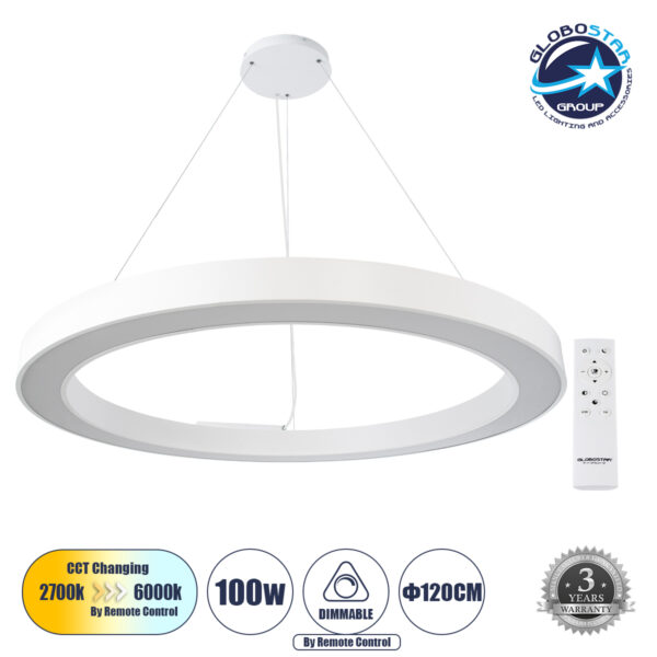 GloboStar® RA 61199 Κρεμαστό Φωτιστικό Δαχτυλίδι-Κύκλος LED CCT 100W 11020lm 120° AC 220-240V - Εναλλαγή Φωτισμού μέσω Τηλεχειριστηρίου All In One Ψυχρό 6000k+Φυσικό 4500k+Θερμό 2700k Dimmable Φ120cm - Λευκό - 3 Years Warranty