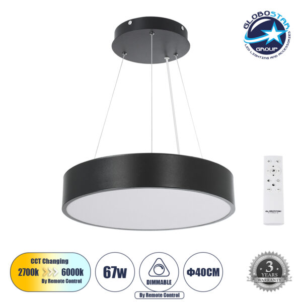 GloboStar® BURTON 61200-P Κρεμαστή Πλαφονιέρα Οροφής LED CCT 67W 7370lm 120° AC 220-240V - Εναλλαγή Φωτισμού μέσω Τηλεχειριστηρίου All In One Ψυχρό 6000k+Φυσικό 4500k+Θερμό 2700k Dimmable Φ40cm - Μαύρο - 3 Years Warranty