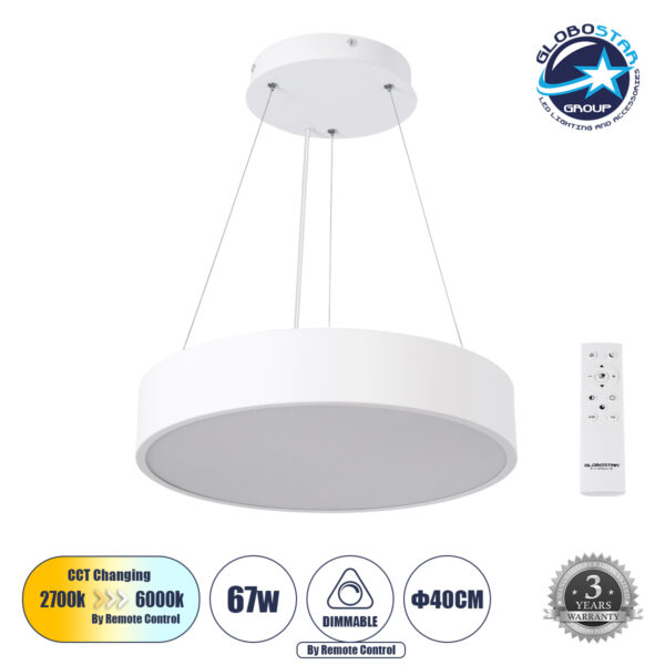 GloboStar® BURTON 61201-P Κρεμαστή Πλαφονιέρα Οροφής LED CCT 67W 7370lm 120° AC 220-240V - Εναλλαγή Φωτισμού μέσω Τηλεχειριστηρίου All In One Ψυχρό 6000k+Φυσικό 4500k+Θερμό 2700k Dimmable Φ40cm - Λευκό - 3 Years Warranty