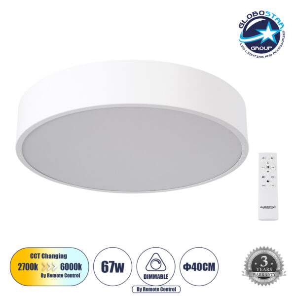 GloboStar® BURTON 61201-S Πλαφονιέρα Οροφής LED CCT 67W 7370lm 120° AC 220-240V - Εναλλαγή Φωτισμού μέσω Τηλεχειριστηρίου All In One Ψυχρό 6000k+Φυσικό 4500k+Θερμό 2700k Dimmable Φ40cm - Λευκό - 3 Years Warranty