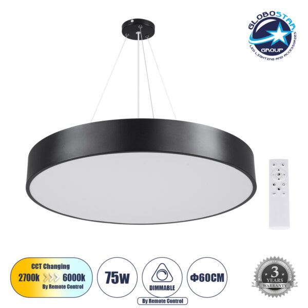 GloboStar® BURTON 61202-P Κρεμαστή Πλαφονιέρα Οροφής LED CCT 75W 8625lm 120° AC 220-240V - Εναλλαγή Φωτισμού μέσω Τηλεχειριστηρίου All In One Ψυχρό 6000k+Φυσικό 4500k+Θερμό 2700k Dimmable Φ60cm - Μαύρο - 3 Years Warranty