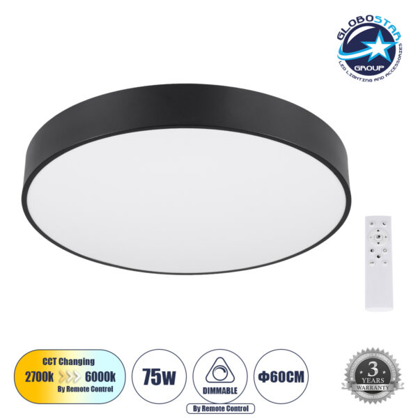 GloboStar® BURTON 61202-S Πλαφονιέρα Οροφής LED CCT 75W 8625lm 120° AC 220-240V - Εναλλαγή Φωτισμού μέσω Τηλεχειριστηρίου All In One Ψυχρό 6000k+Φυσικό 4500k+Θερμό 2700k Dimmable Φ60cm - Μαύρο - 3 Years Warranty