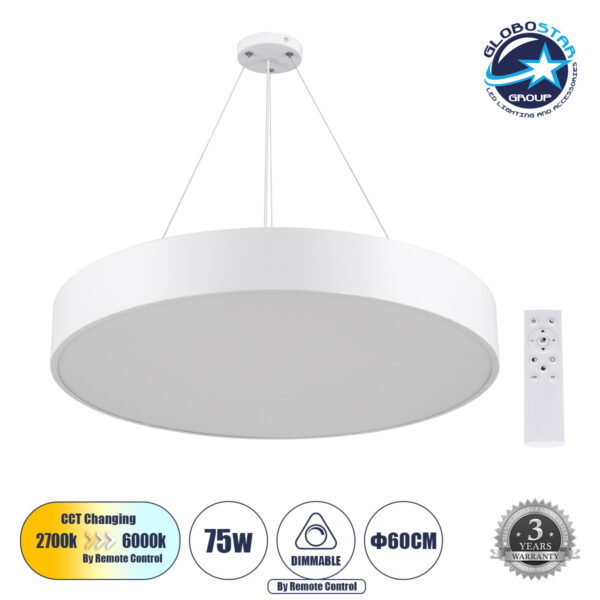 GloboStar® BURTON 61203-P Κρεμαστή Πλαφονιέρα Οροφής LED CCT 75W 8625lm 120° AC 220-240V - Εναλλαγή Φωτισμού μέσω Τηλεχειριστηρίου All In One Ψυχρό 6000k+Φυσικό 4500k+Θερμό 2700k Dimmable Φ60cm - Λευκό - 3 Years Warranty