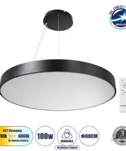 GloboStar® BURTON 61204-P Κρεμαστή Πλαφονιέρα Οροφής LED CCT 100W 11020lm 120° AC 220-240V – Εναλλαγή Φωτισμού μέσω Τηλεχειριστηρίου All In One Ψυχρό 6000k+Φυσικό 4500k+Θερμό 2700k Dimmable Φ80cm – Μαύρο – 3 Years Warranty