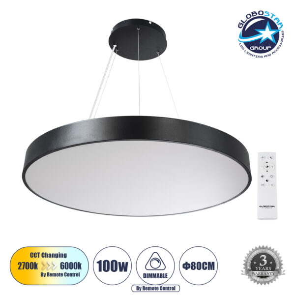 GloboStar® BURTON 61204-P Κρεμαστή Πλαφονιέρα Οροφής LED CCT 100W 11020lm 120° AC 220-240V - Εναλλαγή Φωτισμού μέσω Τηλεχειριστηρίου All In One Ψυχρό 6000k+Φυσικό 4500k+Θερμό 2700k Dimmable Φ80cm - Μαύρο - 3 Years Warranty