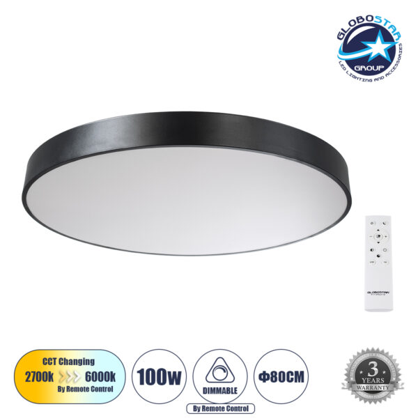 GloboStar® BURTON 61204-S Πλαφονιέρα Οροφής LED CCT 100W 11020lm 120° AC 220-240V - Εναλλαγή Φωτισμού μέσω Τηλεχειριστηρίου All In One Ψυχρό 6000k+Φυσικό 4500k+Θερμό 2700k Dimmable Φ80cm - Μαύρο - 3 Years Warranty