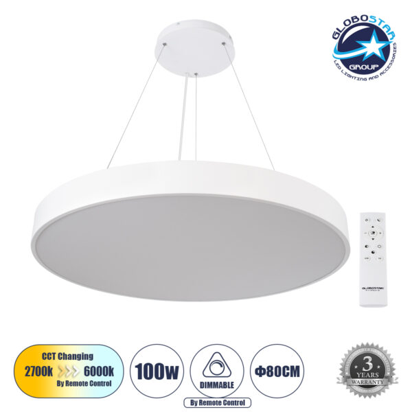 GloboStar® BURTON 61205-P Κρεμαστή Πλαφονιέρα Οροφής LED CCT 100W 11020lm 120° AC 220-240V - Εναλλαγή Φωτισμού μέσω Τηλεχειριστηρίου All In One Ψυχρό 6000k+Φυσικό 4500k+Θερμό 2700k Dimmable Φ80cm - Λευκό - 3 Years Warranty