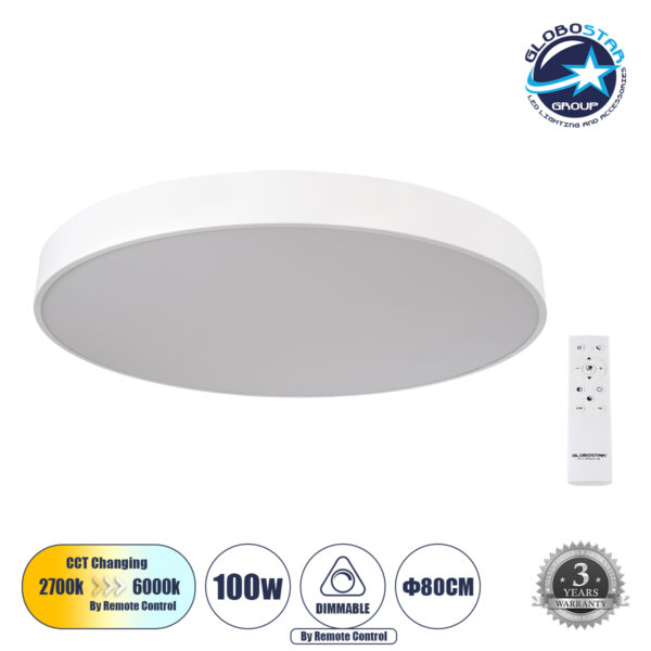 GloboStar® BURTON 61205-S Πλαφονιέρα Οροφής LED CCT 100W 11020lm 120° AC 220-240V - Εναλλαγή Φωτισμού μέσω Τηλεχειριστηρίου All In One Ψυχρό 6000k+Φυσικό 4500k+Θερμό 2700k Dimmable Φ80cm - Λευκό - 3 Years Warranty