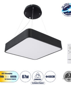 GloboStar® KAMALA 61206-P Κρεμαστή Πλαφονιέρα Οροφής LED CCT 67W 7370lm 120° AC 220-240V – Εναλλαγή Φωτισμού μέσω Τηλεχειριστηρίου All In One Ψυχρό 6000k+Φυσικό 4500k+Θερμό 2700k Dimmable Μ40 x Π40 x Υ8cm- Μαύρο – 3 Years Warranty