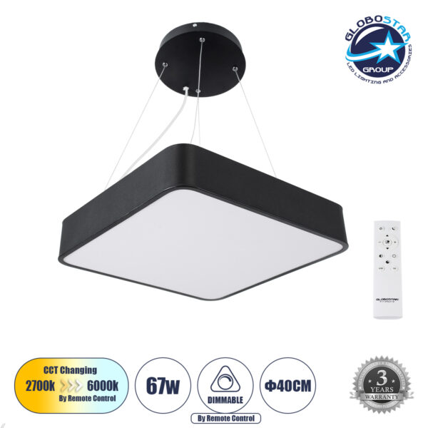 GloboStar® KAMALA 61206-P Κρεμαστή Πλαφονιέρα Οροφής LED CCT 67W 7370lm 120° AC 220-240V - Εναλλαγή Φωτισμού μέσω Τηλεχειριστηρίου All In One Ψυχρό 6000k+Φυσικό 4500k+Θερμό 2700k Dimmable Μ40 x Π40 x Υ8cm- Μαύρο - 3 Years Warranty