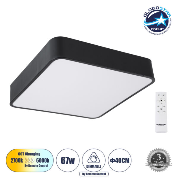 GloboStar® KAMALA 61206-S Πλαφονιέρα Οροφής LED CCT 67W 7370lm 120° AC 220-240V - Εναλλαγή Φωτισμού μέσω Τηλεχειριστηρίου All In One Ψυχρό 6000k+Φυσικό 4500k+Θερμό 2700k Dimmable Μ40 x Π40 x Υ8cm- Μαύρο - 3 Years Warranty