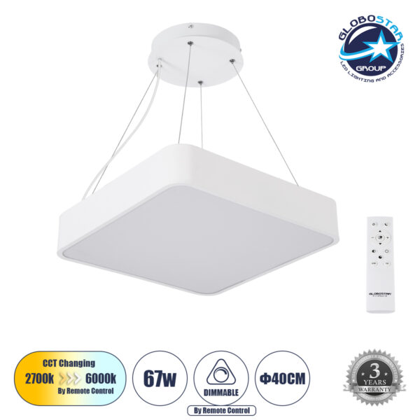 GloboStar® KAMALA 61207-P Κρεμαστή Πλαφονιέρα Οροφής LED CCT 67W 7370lm 120° AC 220-240V - Εναλλαγή Φωτισμού μέσω Τηλεχειριστηρίου All In One Ψυχρό 6000k+Φυσικό 4500k+Θερμό 2700k Dimmable Μ40 x Π40 x Υ8cm - Λευκό - 3 Years Warranty