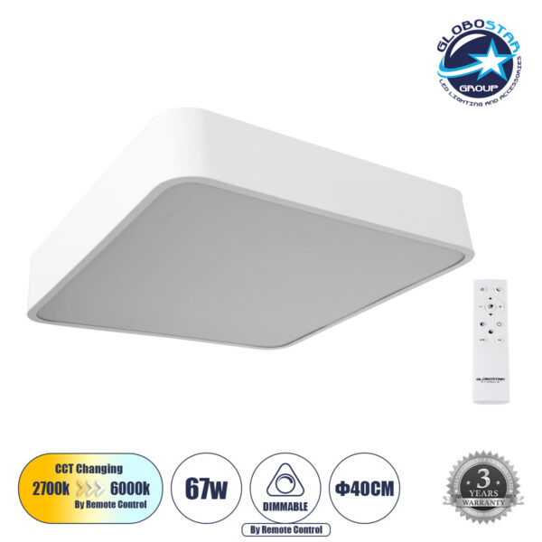 GloboStar® KAMALA 61207-S Πλαφονιέρα Οροφής LED CCT 67W 7370lm 120° AC 220-240V - Εναλλαγή Φωτισμού μέσω Τηλεχειριστηρίου All In One Ψυχρό 6000k+Φυσικό 4500k+Θερμό 2700k Dimmable Μ40 x Π40 x Υ8cm - Λευκό - 3 Years Warranty