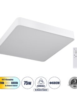GloboStar® KAMALA 61209-P Κρεμαστή Πλαφονιέρα Οροφής LED CCT 75W 8625lm 120° AC 220-240V – Εναλλαγή Φωτισμού μέσω Τηλεχειριστηρίου All In One Ψυχρό 6000k+Φυσικό 4500k+Θερμό 2700k Dimmable Μ60 x Π60 x Υ8cm – Λευκό – 3 Years Warranty