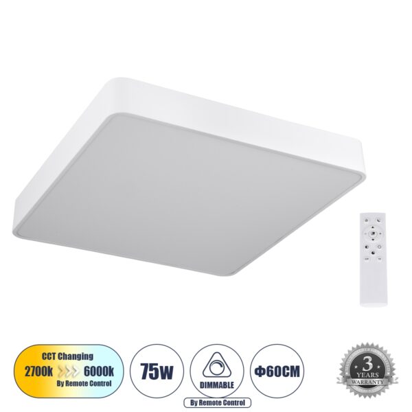 GloboStar® KAMALA 61209-P Κρεμαστή Πλαφονιέρα Οροφής LED CCT 75W 8625lm 120° AC 220-240V – Εναλλαγή Φωτισμού μέσω Τηλεχειριστηρίου All In One Ψυχρό 6000k+Φυσικό 4500k+Θερμό 2700k Dimmable Μ60 x Π60 x Υ8cm – Λευκό – 3 Years Warranty