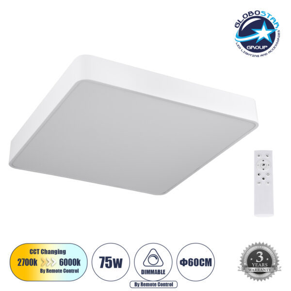 GloboStar® KAMALA 61209-S Πλαφονιέρα Οροφής LED CCT 75W 8625lm 120° AC 220-240V - Εναλλαγή Φωτισμού μέσω Τηλεχειριστηρίου All In One Ψυχρό 6000k+Φυσικό 4500k+Θερμό 2700k Dimmable Μ60 x Π60 x Υ8cm - Λευκό - 3 Years Warranty