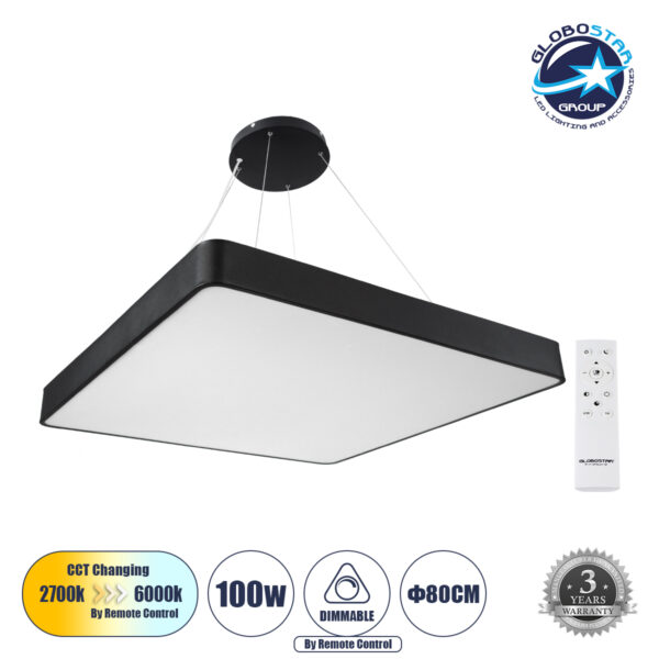 GloboStar® KAMALA 61210-P Κρεμαστή Πλαφονιέρα Οροφής LED CCT 100W 11020lm 120° AC 220-240V - Εναλλαγή Φωτισμού μέσω Τηλεχειριστηρίου All In One Ψυχρό 6000k+Φυσικό 4500k+Θερμό 2700k Dimmable Μ80 x Π80 x Υ8cm- Μαύρο - 3 Years Warranty