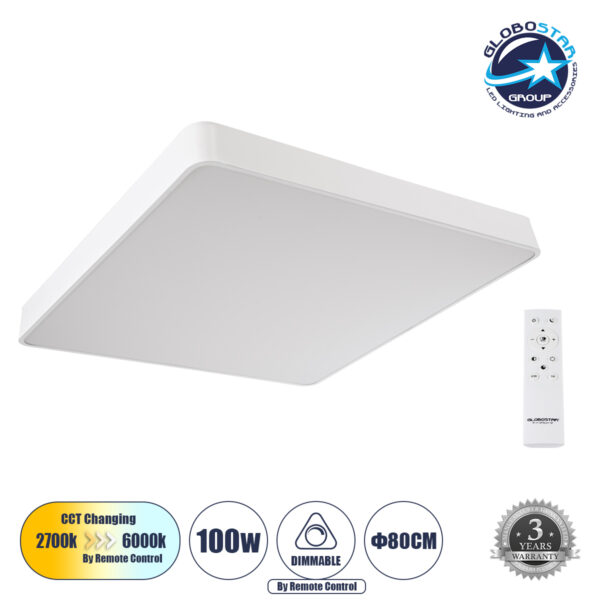 GloboStar® KAMALA 61211-S Πλαφονιέρα Οροφής LED CCT 100W 11020lm 120° AC 220-240V - Εναλλαγή Φωτισμού μέσω Τηλεχειριστηρίου All In One Ψυχρό 6000k+Φυσικό 4500k+Θερμό 2700k Dimmable Μ80 x Π80 x Υ8cm - Λευκό - 3 Years Warranty