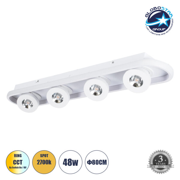 GloboStar® NESPO 61215 Φωτιστικό Οροφής Linear Design LED CCT με Κινούμενα Σποτ LED Spot Downlight 48W 5376lm 360° & 45° AC 220-240V - Εναλλαγή Φωτισμού μέσω Διακόπτη On/Off All In One Ψυχρό 6000k+Φυσικό 4500k+Θερμό 2700k Μ80 x Π13 x Υ6.5cm - Λευκό