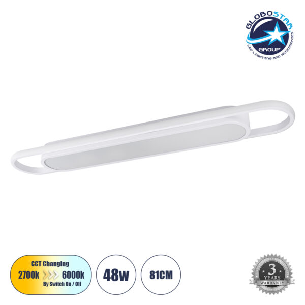 GloboStar® IGOR 61219 Φωτιστικό Οροφής Linear Design LED CCT 48W 5760lm 210° AC 220-240V – Εναλλαγή Φωτισμού μέσω Διακόπτη On/Off All In One Ψυχρό 6000k+Φυσικό 4500k+Θερμό 2700k Μ81 x Π13 x Υ4.5cm – Λευκό – 3 Years Warranty