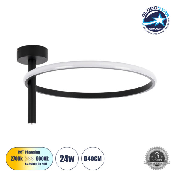 GloboStar® VERONA 61220 Φωτιστικό Οροφής Δαχτυλίδι-Κύκλος LED CCT 24W 2688lm 360° AC 220-240V - Εναλλαγή Φωτισμού μέσω Διακόπτη On/Off All In One Ψυχρό 6000k+Φυσικό 4500k+Θερμό 2700k Φ40 x Υ23cm - Μαύρο - 3 Χρόνια Εγγύηση