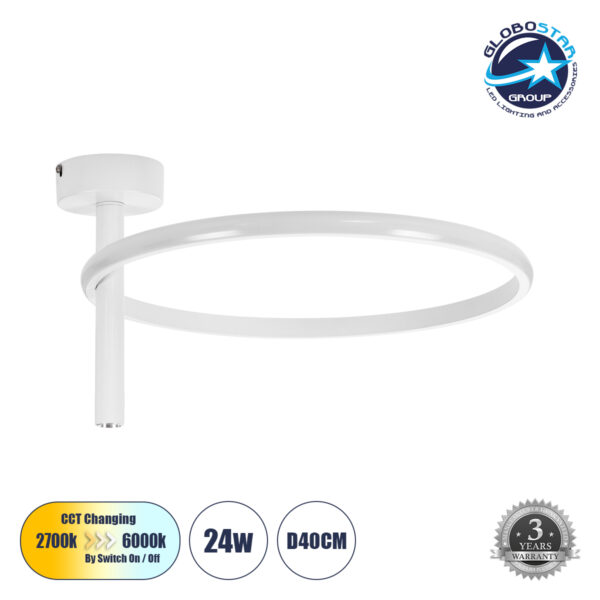 GloboStar® VERONA 61221 Φωτιστικό Οροφής Δαχτυλίδι-Κύκλος LED CCT 24W 2688lm 360° AC 220-240V - Εναλλαγή Φωτισμού μέσω Διακόπτη On/Off All In One Ψυχρό 6000k+Φυσικό 4500k+Θερμό 2700k Φ40 x Υ23cm - Λευκό - 3 Χρόνια Εγγύηση