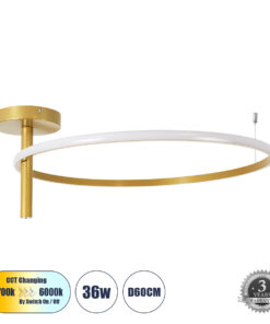 GloboStar® VERONA 61225 Φωτιστικό Οροφής Δαχτυλίδι-Κύκλος LED CCT 36W 4032lm 360° AC 220-240V – Εναλλαγή Φωτισμού μέσω Διακόπτη On/Off All In One Ψυχρό 6000k+Φυσικό 4500k+Θερμό 2700K Φ60 x Υ26cm – Χρυσό Βούρτσας – 3 Χρόνια Εγγύηση