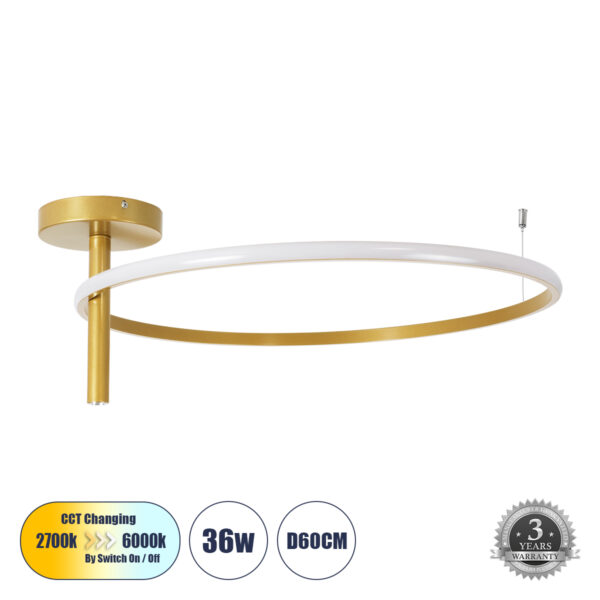 GloboStar® VERONA 61225 Φωτιστικό Οροφής Δαχτυλίδι-Κύκλος LED CCT 36W 4032lm 360° AC 220-240V - Εναλλαγή Φωτισμού μέσω Διακόπτη On/Off All In One Ψυχρό 6000k+Φυσικό 4500k+Θερμό 2700K Φ60 x Υ26cm - Χρυσό Βούρτσας - 3 Χρόνια Εγγύηση