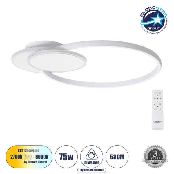 GloboStar® CIRCUO 61230 Φωτιστικό Οροφής Δαχτυλίδι-Κύκλος LED CCT 75W 8400lm 360° AC 220-240V - Εναλλαγή Φωτισμού μέσω Τηλεχειριστηρίου All In One Ψυχρό 6000k+Φυσικό 4500k+Θερμό 2700k Dimmable Μ53 x Π42.5 x Υ9cm - Λευκό - 3 Years Warranty