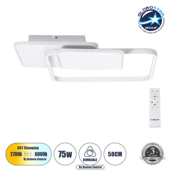 GloboStar® SQUARO 61232 Φωτιστικό Οροφής Δαχτυλίδι-Κύκλος LED CCT 75W 8400lm 360° AC 220-240V - Εναλλαγή Φωτισμού μέσω Τηλεχειριστηρίου All In One Ψυχρό 6000k+Φυσικό 4500k+Θερμό 2700k Dimmable Μ48.5 x Π51 x Υ9cm - Λευκό - 3 Years Warranty