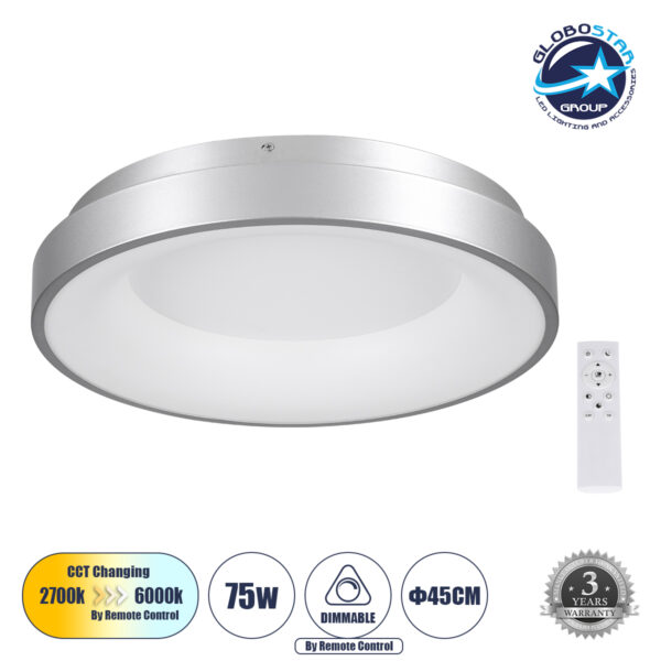 GloboStar® SALEM 61234 Πλαφονιέρα Οροφής Δαχτυλίδι-Κύκλος LED CCT 75W 8625lm 120° AC 220-240V - Εναλλαγή Φωτισμού μέσω Τηλεχειριστηρίου All In One Ψυχρό 6000k+Φυσικό 4500k+Θερμό 2700k Dimmable Φ45cm - Ασημί - 3 Years Warranty