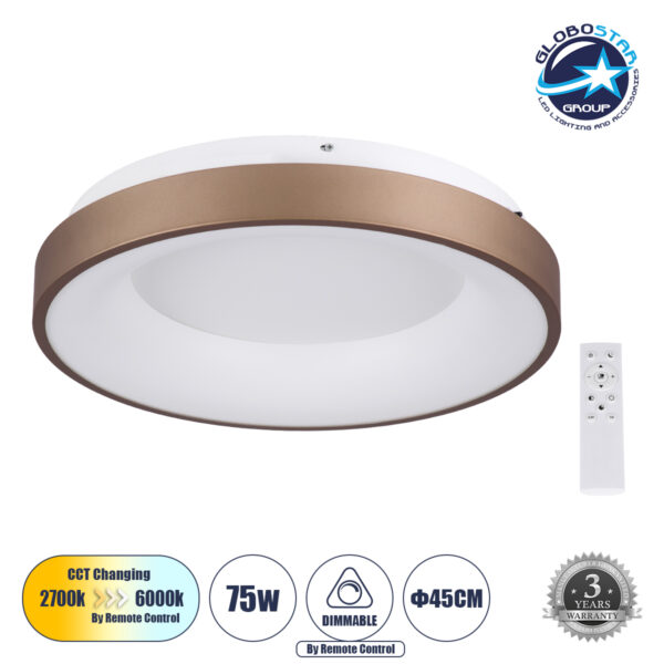 GloboStar® SALEM 61236 Πλαφονιέρα Οροφής Δαχτυλίδι-Κύκλος LED CCT 75W 8625lm 120° AC 220-240V - Εναλλαγή Φωτισμού μέσω Τηλεχειριστηρίου All In One Ψυχρό 6000k+Φυσικό 4500k+Θερμό 2700k Dimmable Φ45cm - Καφέ Χάλκινο - 3 Years Warranty