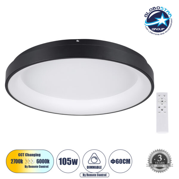 GloboStar® SALEM 61237 Πλαφονιέρα Οροφής Δαχτυλίδι-Κύκλος LED CCT 105W 12075lm 120° AC 220-240V - Εναλλαγή Φωτισμού μέσω Τηλεχειριστηρίου All In One Ψυχρό 6000k+Φυσικό 4500k+Θερμό 2700k Dimmable Φ60cm - Μαύρο - 3 Years Warranty