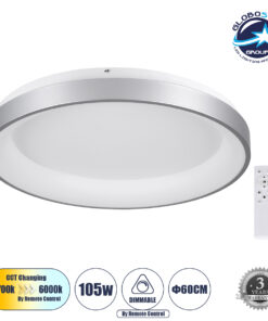 GloboStar® SALEM 61238 Πλαφονιέρα Οροφής Δαχτυλίδι-Κύκλος LED CCT 105W 12075lm 120° AC 220-240V – Εναλλαγή Φωτισμού μέσω Τηλεχειριστηρίου All In One Ψυχρό 6000k+Φυσικό 4500k+Θερμό 2700k Dimmable Φ60cm – Ασημί – 3 Years Warranty