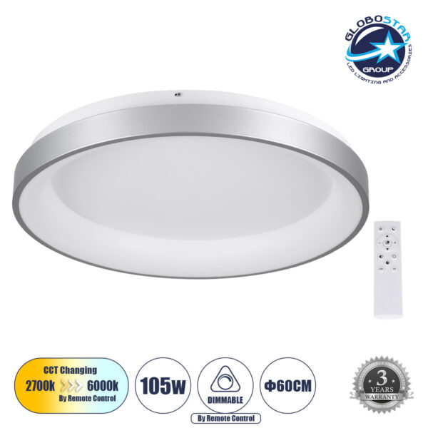 GloboStar® SALEM 61238 Πλαφονιέρα Οροφής Δαχτυλίδι-Κύκλος LED CCT 105W 12075lm 120° AC 220-240V - Εναλλαγή Φωτισμού μέσω Τηλεχειριστηρίου All In One Ψυχρό 6000k+Φυσικό 4500k+Θερμό 2700k Dimmable Φ60cm - Ασημί - 3 Years Warranty