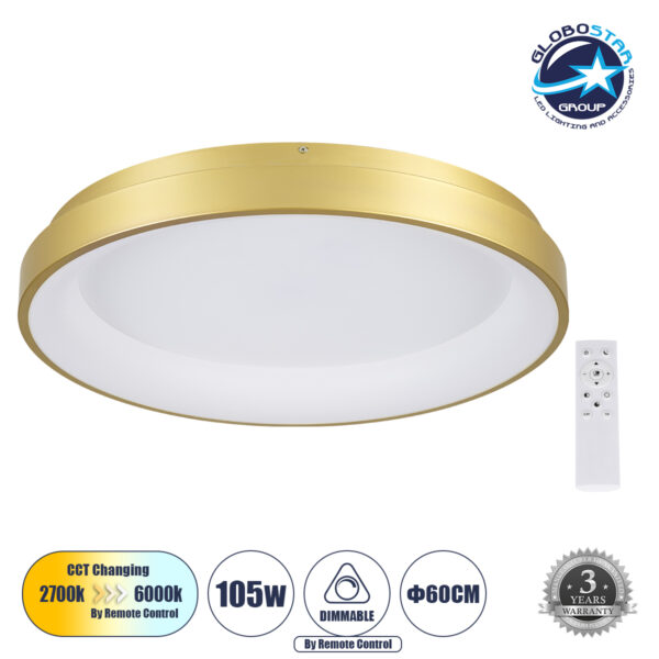 GloboStar® SALEM 61239 Πλαφονιέρα Οροφής Δαχτυλίδι-Κύκλος LED CCT 105W 12075lm 120° AC 220-240V - Εναλλαγή Φωτισμού μέσω Τηλεχειριστηρίου All In One Ψυχρό 6000k+Φυσικό 4500k+Θερμό 2700k Dimmable Φ60cm - Χρυσό Σαμπανιζέ - 3 Years Warranty