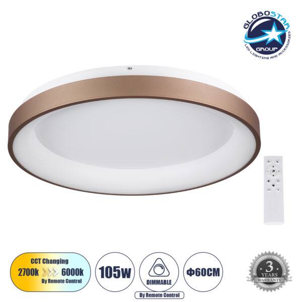 GloboStar® SALEM 61240 Πλαφονιέρα Οροφής Δαχτυλίδι-Κύκλος LED CCT 105W 12075lm 120° AC 220-240V - Εναλλαγή Φωτισμού μέσω Τηλεχειριστηρίου All In One Ψυχρό 6000k+Φυσικό 4500k+Θερμό 2700k Dimmable Φ60cm - Καφέ Χάλκινο - 3 Years Warranty