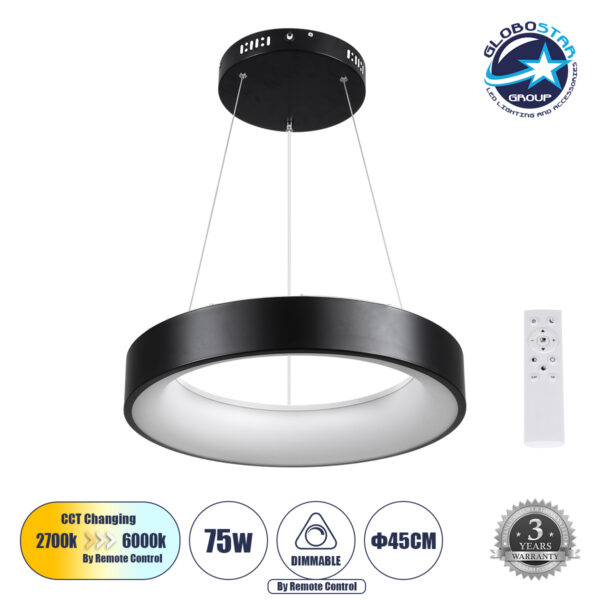 GloboStar® SALEM 61241 Κρεμαστή Πλαφονιέρα Οροφής Δαχτυλίδι-Κύκλος LED CCT 75W 8625lm 120° AC 220-240V - Εναλλαγή Φωτισμού μέσω Τηλεχειριστηρίου All In One Ψυχρό 6000k+Φυσικό 4500k+Θερμό 2700k Dimmable Φ45cm - Μαύρο - 3 Years Warranty