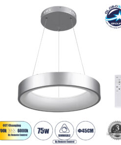 GloboStar® SALEM 61242 Κρεμαστή Πλαφονιέρα Οροφής Δαχτυλίδι-Κύκλος LED CCT 75W 8625lm 120° AC 220-240V – Εναλλαγή Φωτισμού μέσω Τηλεχειριστηρίου All In One Ψυχρό 6000k+Φυσικό 4500k+Θερμό 2700k Dimmable Φ45cm – Ασημί – 3 Years Warranty
