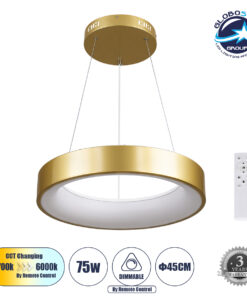 GloboStar® SALEM 61243 Κρεμαστή Πλαφονιέρα Οροφής Δαχτυλίδι-Κύκλος LED CCT 75W 8625lm 120° AC 220-240V – Εναλλαγή Φωτισμού μέσω Τηλεχειριστηρίου All In One Ψυχρό 6000k+Φυσικό 4500k+Θερμό 2700k Dimmable Φ45cm – Χρυσό Σαμπανιζέ – 3 Years Warranty