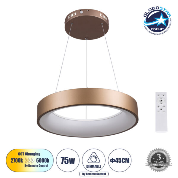 GloboStar® SALEM 61244 Κρεμαστή Πλαφονιέρα Οροφής Δαχτυλίδι-Κύκλος LED CCT 75W 8625lm 120° AC 220-240V - Εναλλαγή Φωτισμού μέσω Τηλεχειριστηρίου All In One Ψυχρό 6000k+Φυσικό 4500k+Θερμό 2700k Dimmable Φ45cm - Καφέ Χάλκινο - 3 Years Warranty