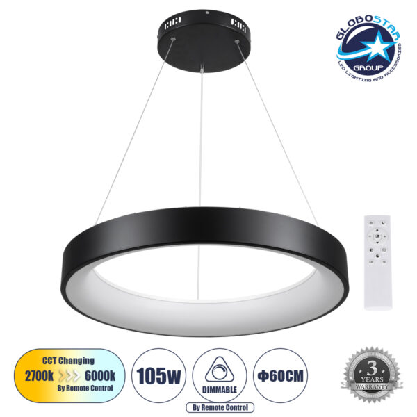 GloboStar® SALEM 61245 Κρεμαστή Πλαφονιέρα Οροφής Δαχτυλίδι-Κύκλος LED CCT 105W 12075lm 120° AC 220-240V - Εναλλαγή Φωτισμού μέσω Τηλεχειριστηρίου All In One Ψυχρό 6000k+Φυσικό 4500k+Θερμό 2700k Dimmable Φ60cm - Μαύρο - 3 Years Warranty