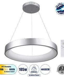 GloboStar® SALEM 61246 Κρεμαστή Πλαφονιέρα Οροφής Δαχτυλίδι-Κύκλος LED CCT 105W 12075lm 120° AC 220-240V – Εναλλαγή Φωτισμού μέσω Τηλεχειριστηρίου All In One Ψυχρό 6000k+Φυσικό 4500k+Θερμό 2700k Dimmable Φ60cm – Ασημί – 3 Years Warranty