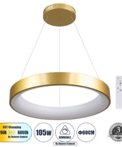GloboStar® SALEM 61247 Κρεμαστή Πλαφονιέρα Οροφής Δαχτυλίδι-Κύκλος LED CCT 105W 12075lm 120° AC 220-240V – Εναλλαγή Φωτισμού μέσω Τηλεχειριστηρίου All In One Ψυχρό 6000k+Φυσικό 4500k+Θερμό 2700k Dimmable Φ60cm – Χρυσό Σαμπανιζέ – 3 Years Warranty