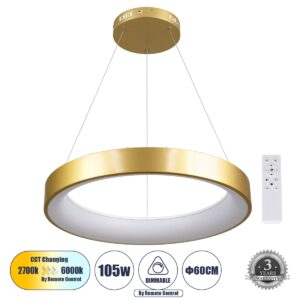 GloboStar® SALEM 61247 Κρεμαστή Πλαφονιέρα Οροφής Δαχτυλίδι-Κύκλος LED CCT 105W 12075lm 120° AC 220-240V – Εναλλαγή Φωτισμού μέσω Τηλεχειριστηρίου All In One Ψυχρό 6000k+Φυσικό 4500k+Θερμό 2700k Dimmable Φ60cm – Χρυσό Σαμπανιζέ – 3 Years Warranty