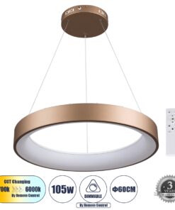 GloboStar® SALEM 61248 Κρεμαστή Πλαφονιέρα Οροφής Δαχτυλίδι-Κύκλος LED CCT 105W 12075lm 120° AC 220-240V – Εναλλαγή Φωτισμού μέσω Τηλεχειριστηρίου All In One Ψυχρό 6000k+Φυσικό 4500k+Θερμό 2700k Dimmable Φ60cm – Καφέ Χάλκινο – 3 Years Warranty
