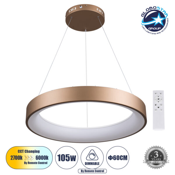 GloboStar® SALEM 61248 Κρεμαστή Πλαφονιέρα Οροφής Δαχτυλίδι-Κύκλος LED CCT 105W 12075lm 120° AC 220-240V - Εναλλαγή Φωτισμού μέσω Τηλεχειριστηρίου All In One Ψυχρό 6000k+Φυσικό 4500k+Θερμό 2700k Dimmable Φ60cm - Καφέ Χάλκινο - 3 Years Warranty