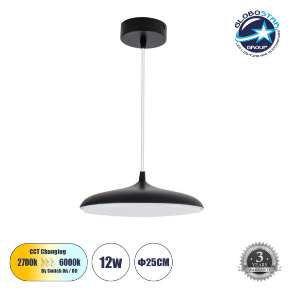 GloboStar® BARON 61251 Κρεμαστή Πλαφονιέρα Οροφής LED CCT 12W 1440lm 120° AC 220-240V - Εναλλαγή Φωτισμού μέσω Διακόπτη On/Off All In One Ψυχρό 6000k+Φυσικό 4500k+Θερμό 2700k Φ25 x Υ8cm - Μαύρο - 3 Years Warranty