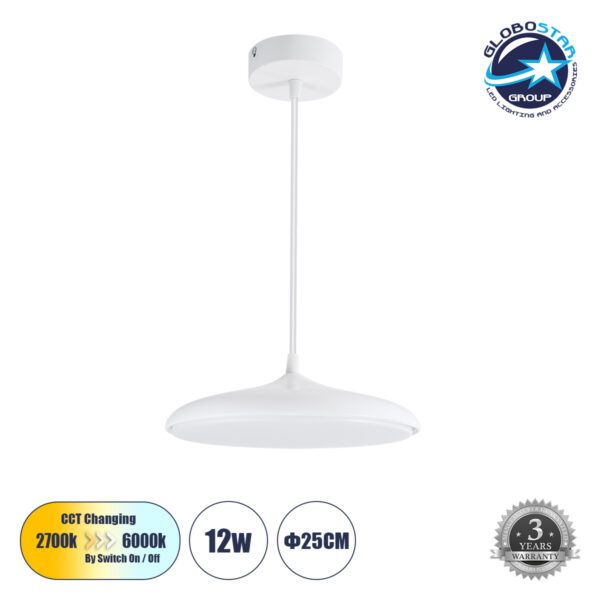 GloboStar® BARON 61252 Κρεμαστή Πλαφονιέρα Οροφής LED CCT 12W 1440lm 120° AC 220-240V - Εναλλαγή Φωτισμού μέσω Διακόπτη On/Off All In One Ψυχρό 6000k+Φυσικό 4500k+Θερμό 2700k Φ25 x Υ8cm - Λευκό - 3 Years Warranty