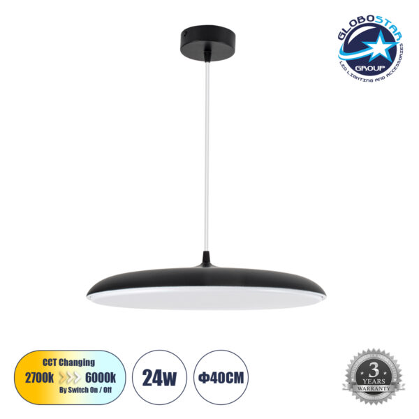 GloboStar® BARON 61254 Κρεμαστή Πλαφονιέρα Οροφής LED CCT 24W 2880lm 120° AC 220-240V - Εναλλαγή Φωτισμού μέσω Διακόπτη On/Off All In One Ψυχρό 6000k+Φυσικό 4500k+Θερμό 2700k Φ40 x Υ10cm - Μαύρο - 3 Years Warranty